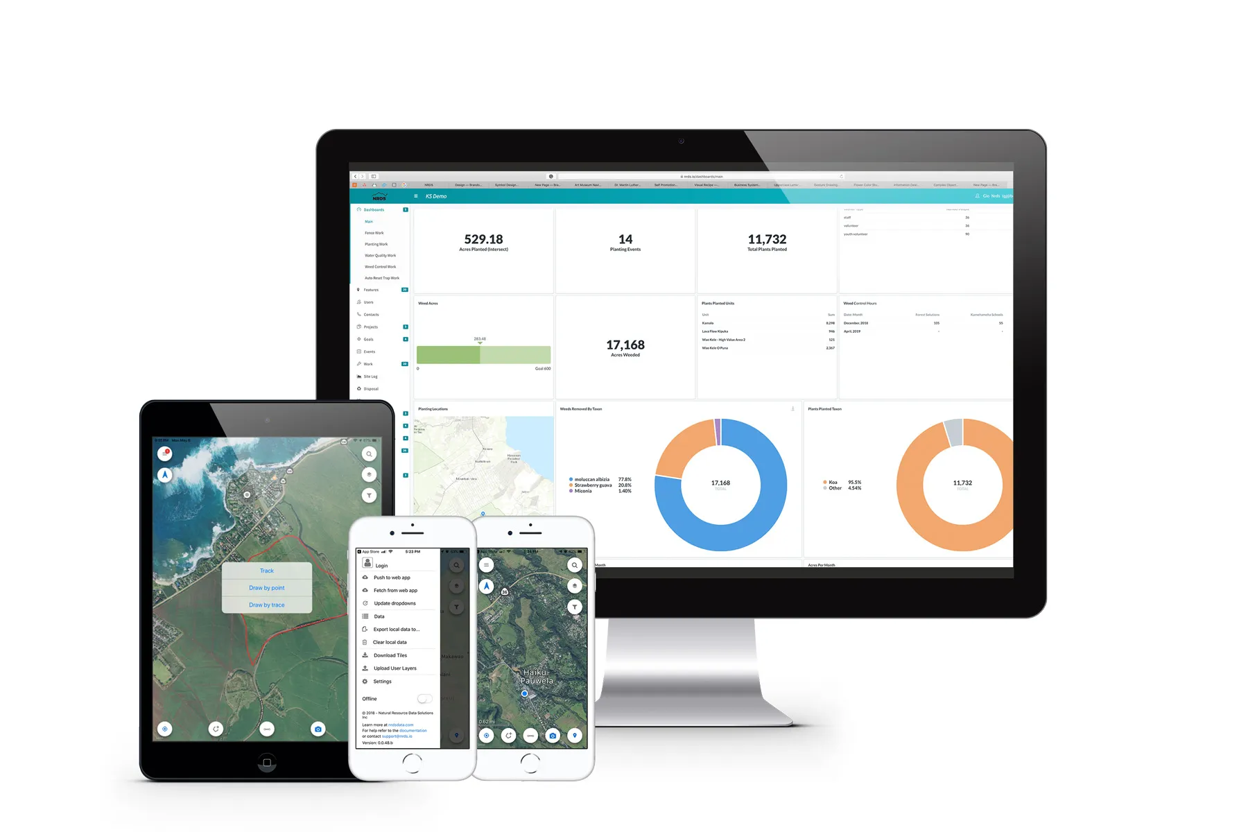 NRDS software on a desktop monitor, tablet and phones